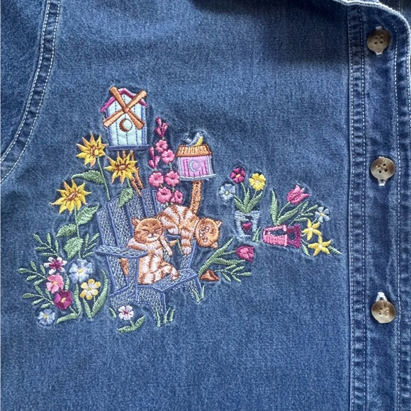 Vintage Cool Blues Women’s Denim Button Down Short Sleeve Embroidered Cats Small - Picture 4 of 7